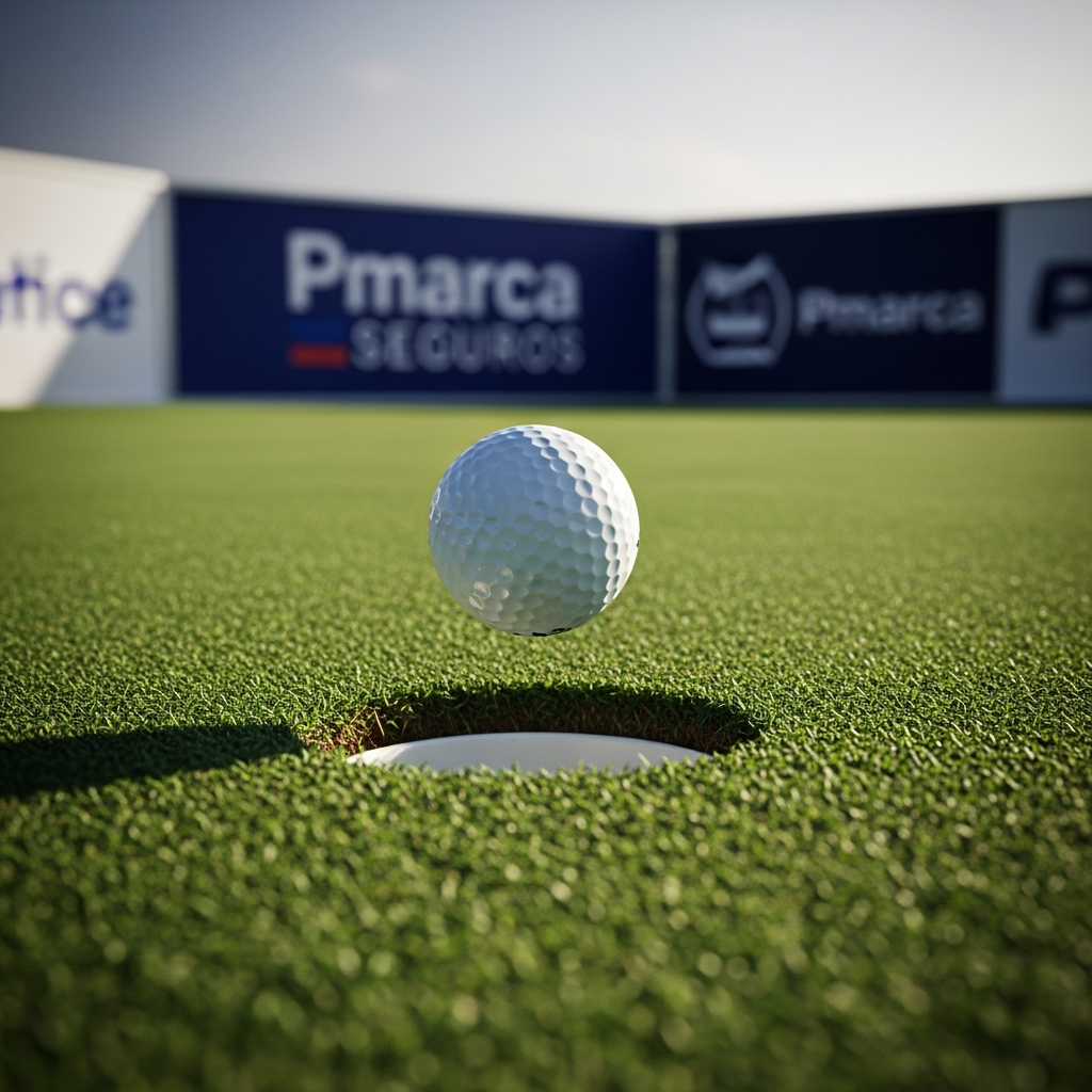 Bola de golfe entrando no buraco em frente à marca Pmarca